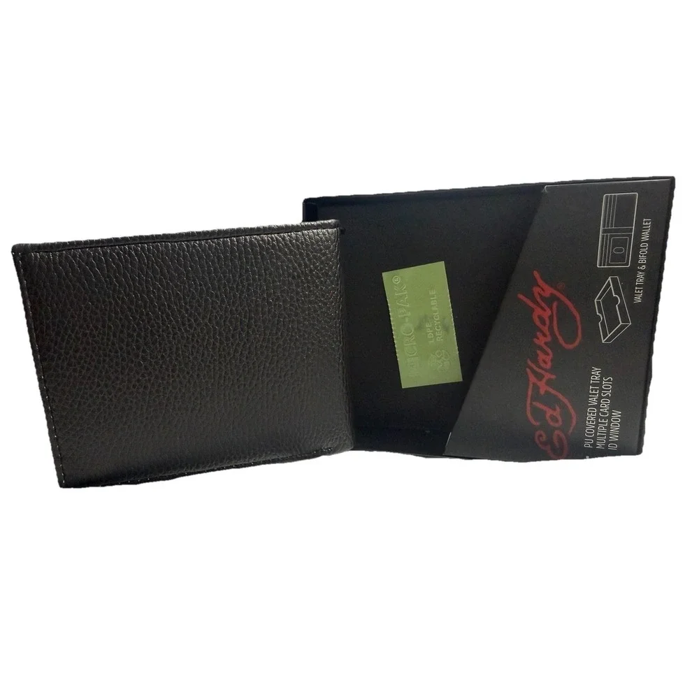 Ed Hardy Men's Black Wallet Bi-fold With Valet Tray PU Leather Tiger Tattoo New